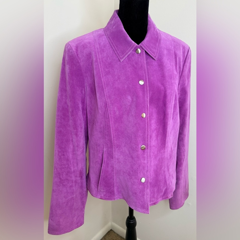 Vintage Anne Klein pink purple suede moto jacket snap close collar pockets 14 EC - Picture 1 of 10
